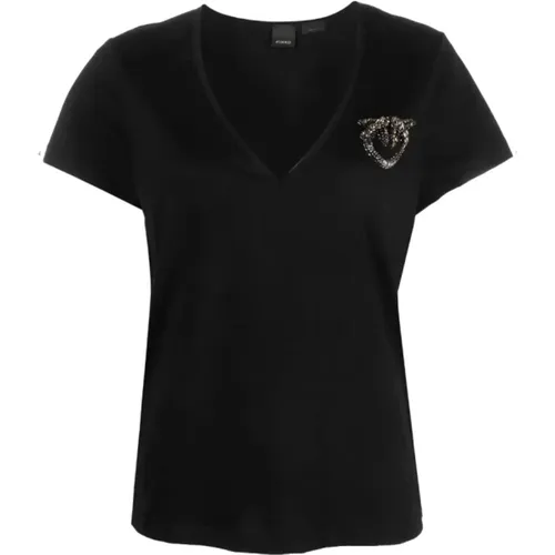 Short Sleeve Cotton T-shirt with Love Birds Embroidery , female, Sizes: M - pinko - Modalova