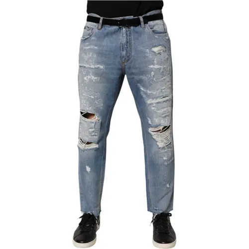 Loose-fit Jeans, male, , Size: XL Distressed Ripped Denim Trouser Jeans - Dolce & Gabbana - Modalova