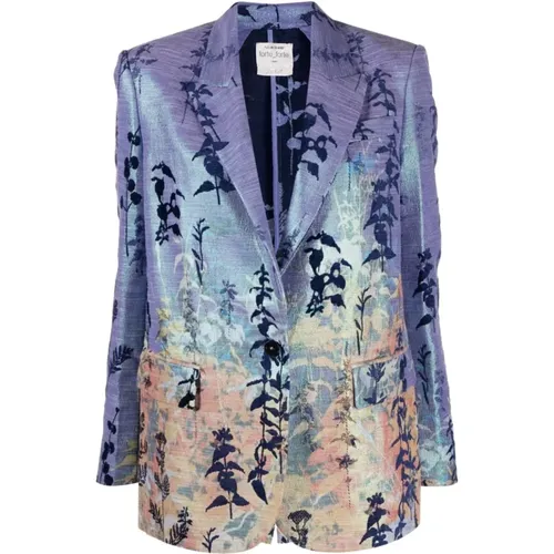 Blue Floral Print Jacket with Metallic Threading , female, Sizes: S - Forte Forte - Modalova