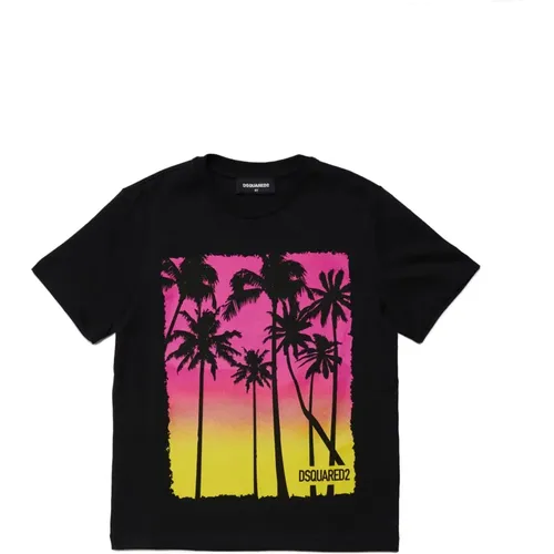 Strandprint T-Shirt aus Jersey,Kinder Schwarzes T-Shirt mit Druck - Dsquared2 - Modalova