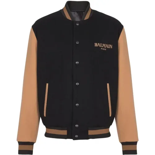 Bomber Jackets, male, , Size: L Nero E Marrone Wool Bomber Jacket - Balmain - Modalova