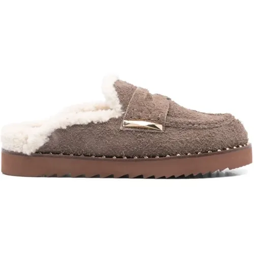 Leather Sliders with Textured Finish , female, Sizes: 5 UK - Ash - Modalova