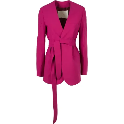 Blazers, female, , Size: S Purple Belted Collarless Blazer - Jucca - Modalova