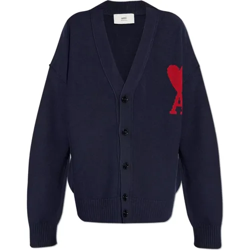 Cardigans, male, , Size: 3XL Cardigan with embroidered logo - Ami Paris - Modalova