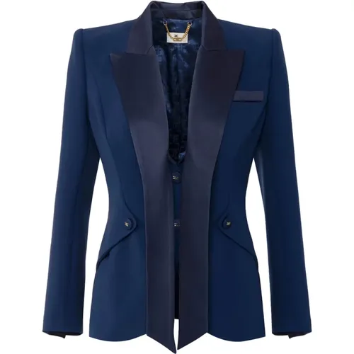 Blazers, female, , Size: 2XL Satin Lapel Crepe Tuxedo Jacket - Elisabetta Franchi - Modalova