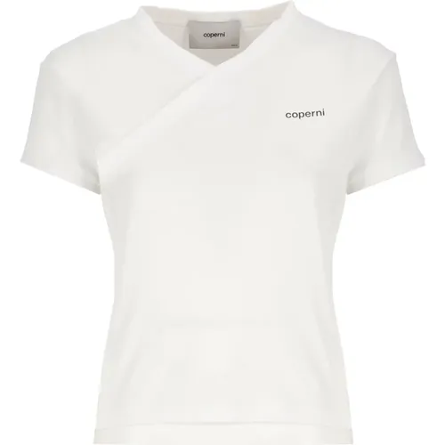 Weiße V-Ausschnitt T-Shirt mit Logo , Damen, Größe: M - Coperni - Modalova