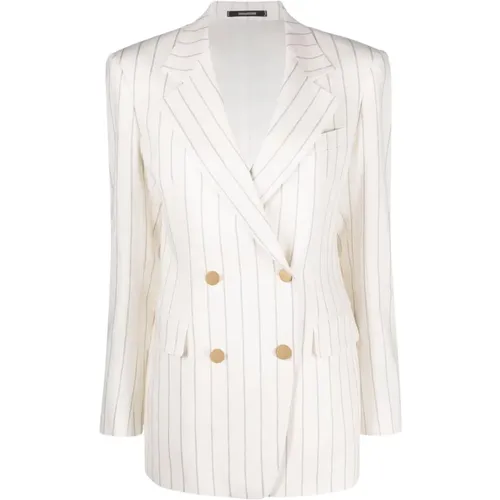 Blazers, female, , Size: S Striped Linen Blend Double-Breasted Blazer - Tagliatore - Modalova