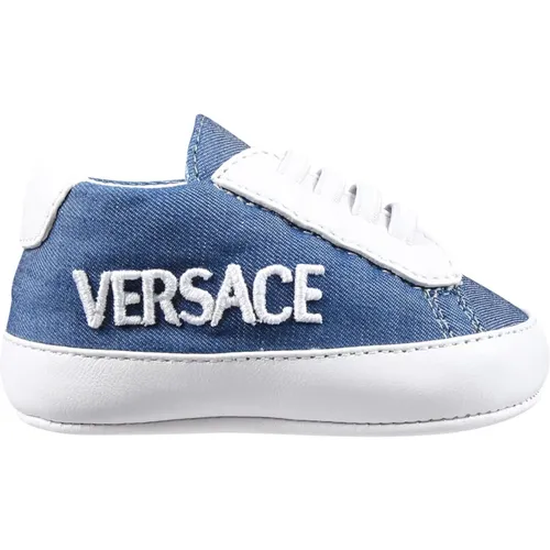 Denim Lace-Up Sneakers with Embroidered Logo , unisex, Sizes: 17 EU - Versace - Modalova