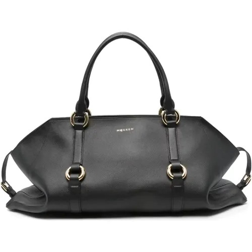 Handbags, female, , Size: ONE SIZE Leather Trapezoidal Handbag with Gold-tone Ring Detail - alexander mcqueen - Modalova