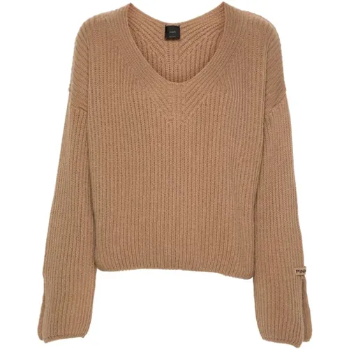 Gerippter Strick V-Ausschnitt Pullover - pinko - Modalova