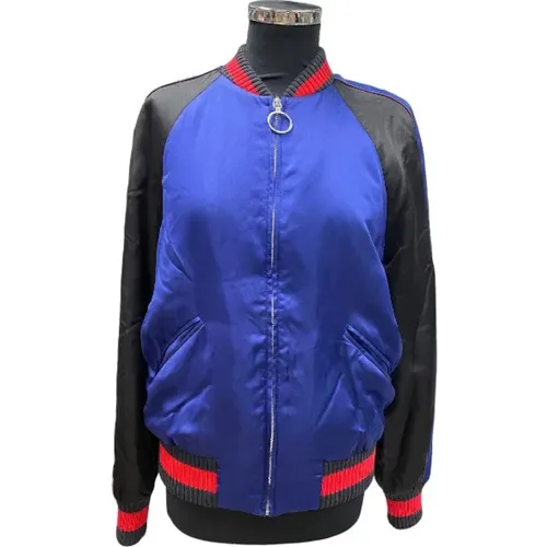 Pre-owned Tops, female, , Size: S Satin Bomber Jacket with Black Sleeves and Web Band Inserts - Size 40 - Gucci Vintage - Modalova