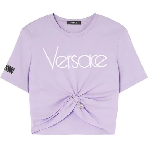 Lila T-Shirts und Polos mit Sicherheitsnadel , Damen, Größe: XS - Versace - Modalova