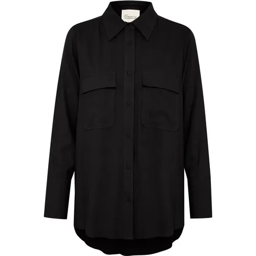 Schwarze Leinenmischungsshirt mit Taschen , Damen, Größe: 2XL - My Essential Wardrobe - Modalova