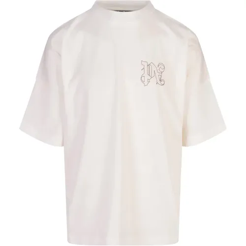 Weißes Monogramm T-Shirt mit Oversize-Passform , Herren, Größe: M - Palm Angels - Modalova