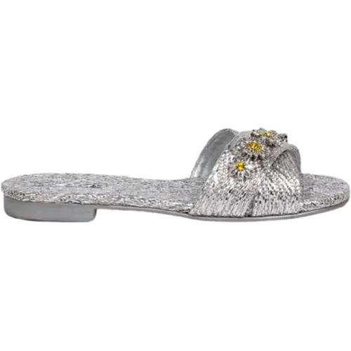 Silver Raffia Sandals with Swarovski Detail , female, Sizes: 5 UK, 8 UK, 4 UK, 7 UK, 6 UK, 3 UK - Emanuela Caruso - Modalova