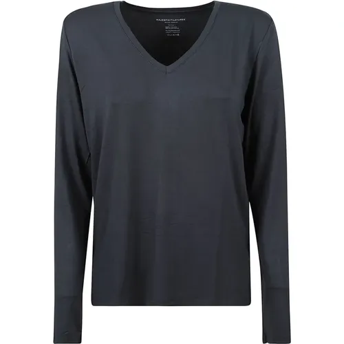 Iron Grey V-Neck T-Shirt with Long Sleeves , female, Sizes: M - majestic filatures - Modalova