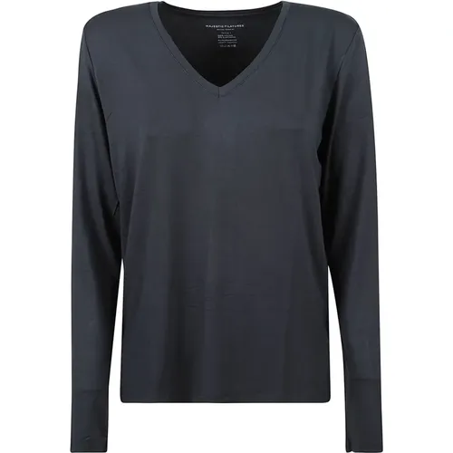 Iron Grey V-Neck T-Shirt with Long Sleeves , female, Sizes: S, M - majestic filatures - Modalova