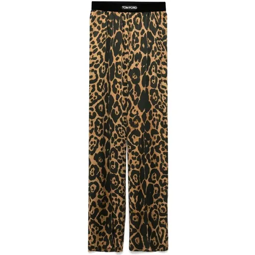 Wide Trousers, female, , Size: XS Animalier Brown Elasticated Waistband Pants - Tom Ford - Modalova