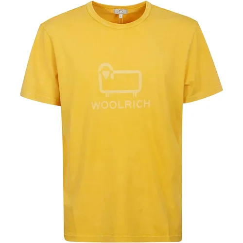 Macro Logo Tee, Men`s Mustard Cotton T-Shirt , male, Sizes: S - Woolrich - Modalova
