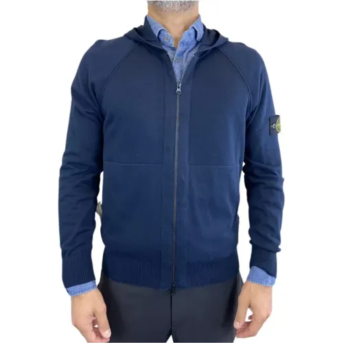 Zip-throughs, male, , Size: 2XL Navy Hooded Knit Jacket - Stone Island - Modalova