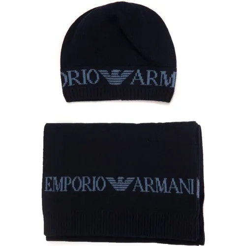 Beanies, male, , Size: ONE SIZE Scarf and Hat Set, , Knitted Rib Finish - Emporio Armani - Modalova