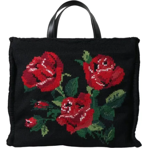 Tote Bags, female, , Size: ONE SIZE Black Cashmere Rose Embroidery Tote Bag - Dolce & Gabbana - Modalova