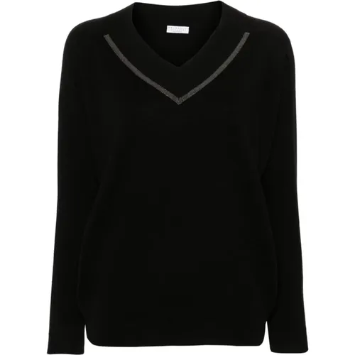 Cashmere V-Neck Sweater with Monili Chain Detail , female, Sizes: S, M - BRUNELLO CUCINELLI - Modalova