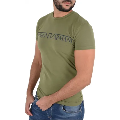 Stretch-Baumwoll-T-Shirt - Grüner Druck , Herren, Größe: M - Emporio Armani - Modalova