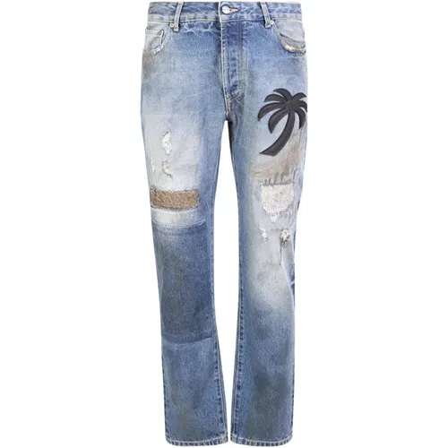 Distinctive Palm Tree Patchwork Jeans , male, Sizes: W31 - Palm Angels - Modalova