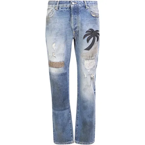 Straight Jeans, male, , Size: W31 Distinctive Palm Tree Patchwork Jeans - Palm Angels - Modalova