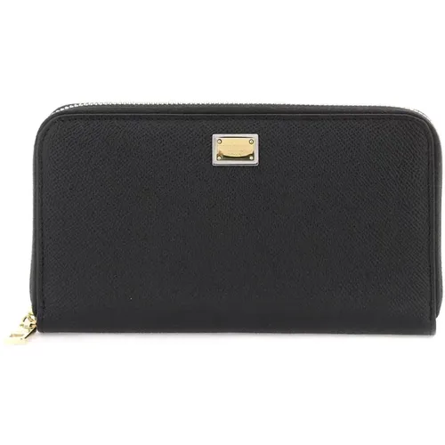 Leather Zip Around Wallet with Logo Plate , female, Sizes: ONE SIZE - Dolce & Gabbana - Modalova