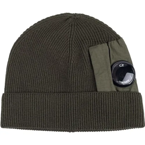 Beanies, male, , Size: ONE SIZE Men's Wool and Cotton Beanie with Lens Detail - C.P. Company - Modalova