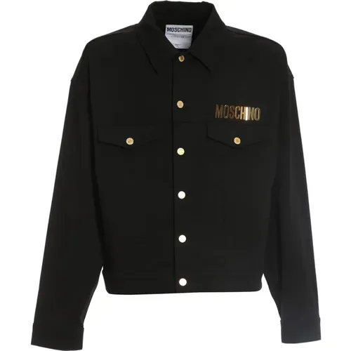 Light Jackets, male, , Size: M Denim Jacket with Gold Logo - Moschino - Modalova