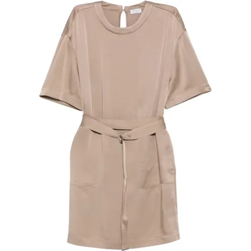 Short Dresses, female, , Size: S Crew Neck Dress with Self-Tie Belt - BRUNELLO CUCINELLI - Modalova