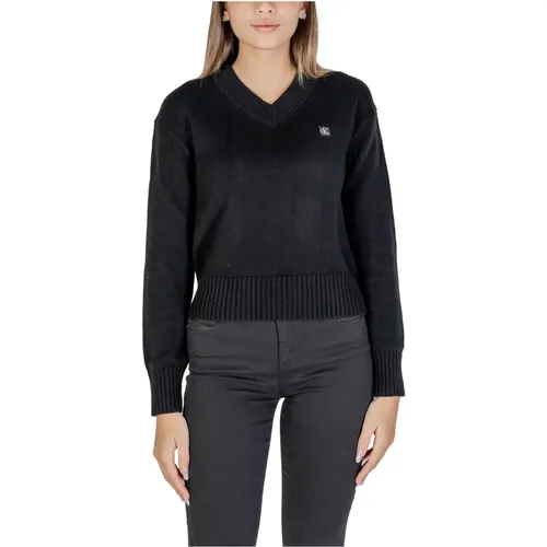 Bestickter V-Ausschnitt Baumwollpullover , Damen, Größe: XL - Calvin Klein Jeans - Modalova