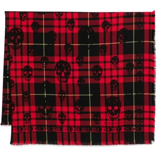 Winter Scarves, male, , Size: ONE SIZE Tartan Scarf Red Black Fringes - alexander mcqueen - Modalova