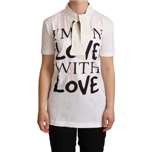 Liebesmotiv Seidenmischung T-Shirt , Damen, Größe: XS - Dolce & Gabbana - Modalova