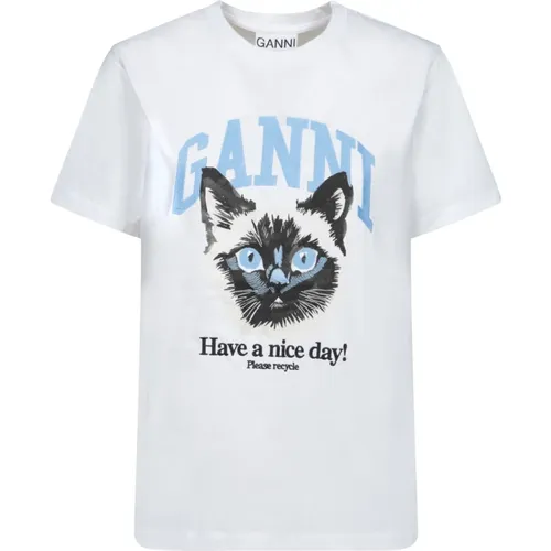 Weiße Katzen-Print Grafik T-Shirt , Damen, Größe: S - Ganni - Modalova