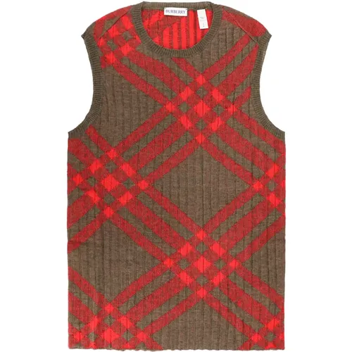 Round-neck Knitwear, female, , Size: S Check Intarsia Knitwear Sleeveless Aw24 - Burberry - Modalova