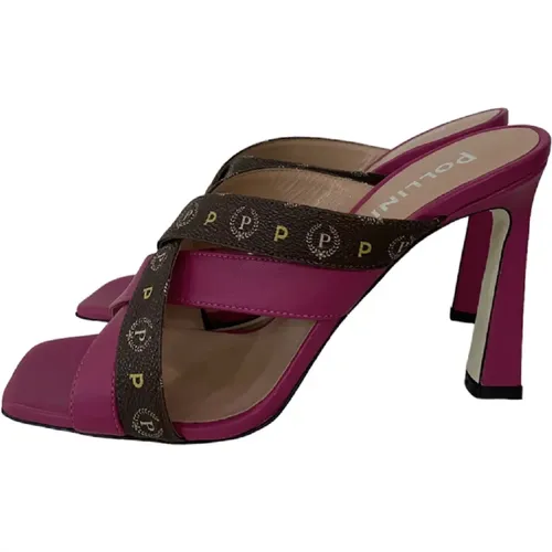 Heeled Mules, female, , Size: 10 US Fuchsia Sandals with Brown Straps and Heritage Print - Size 39 - Pollini - Modalova