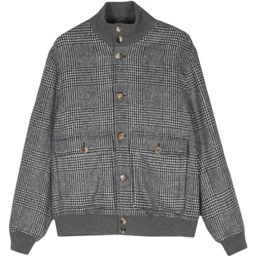 Cardigans, male, , Size: M Checked Bomber Jacket Grey Wool Blend - BRUNELLO CUCINELLI - Modalova