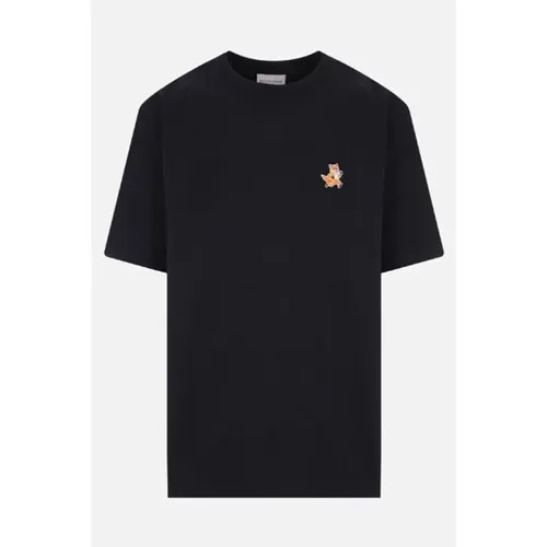 T-Shirts,Schwarze T-Shirts und Polos mit Fuchsmotiv,Speedy Fox Patch Schwarzes T-Shirt - Maison Kitsuné - Modalova