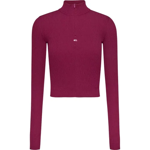 Bordeaux Hoher Kragen Reißverschluss Pullover , Damen, Größe: M - Tommy Jeans - Modalova