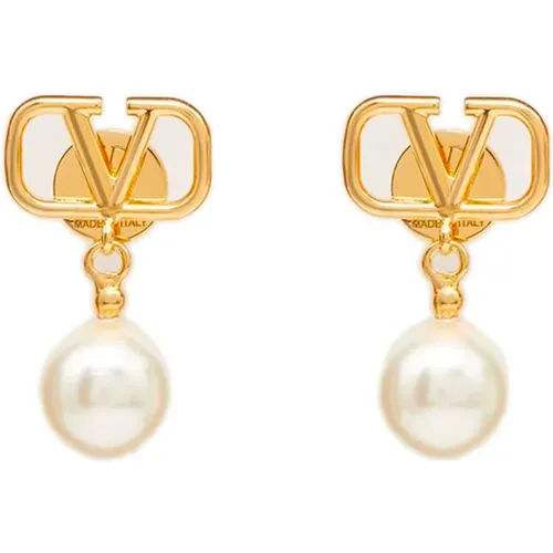 Earrings, female, , Size: ONE SIZE Golden Bijoux Pearl Logo Earrings - Valentino Garavani - Modalova