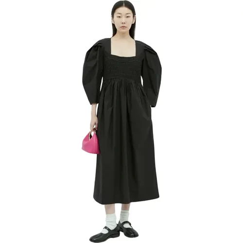 Midi-Kleid mit offenem Ausschnitt und Ballonärmeln , Damen, Größe: S - Ganni - Modalova