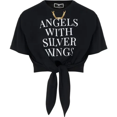 Schwarzes Jersey Crop T-Shirt mit Goldkette - Elisabetta Franchi - Modalova