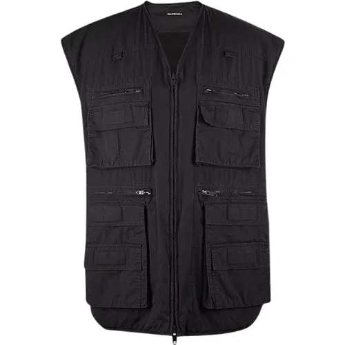 Vests, male, , Size: S Navy Sleeveless Gilet with Cargo Pockets - Balenciaga - Modalova