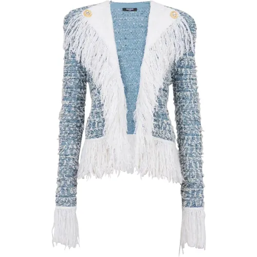 Fringed denim tweed jacket , female, Sizes: XS - Balmain - Modalova