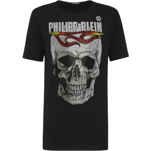 T-Shirts, male, , Size: L Crystal Skull Print Round Neck T-shirt - Philipp Plein - Modalova