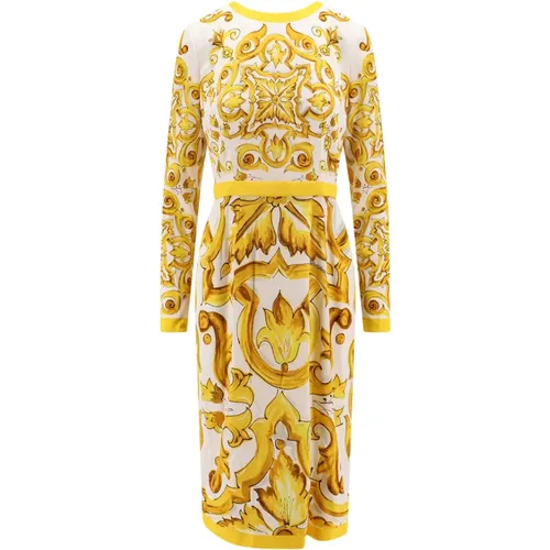 Yellow Silk Dress Long Sleeve , female, Sizes: 2XL - Dolce & Gabbana - Modalova